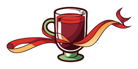 A festive glass mug filled with red liquid and wrapped with a decorative ribbon design element