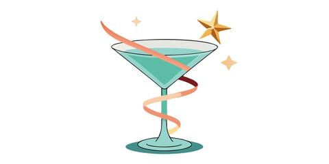 Illustration of a turquoise martini glass with a ribbon and star decorations around it