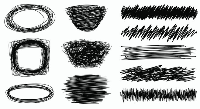Set of hand-drawn scribbled shapes and lines, abstract grunge elements for design, isolated on white background