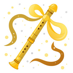 A golden flute adorned with a yellow ribbon and surrounded by decorative dots on a white background