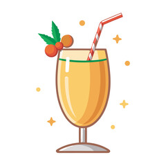 Illustration of a tall glass with an orange drink garnished with berries and a striped straw on white background