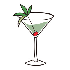 Illustration of a martini glass with green liquid, cherry, and leaves as a garnish on white background
