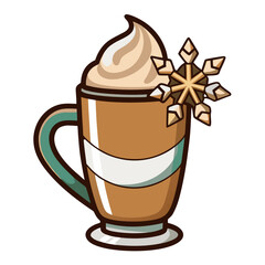 Festive winter beverage in a glass mug with whipped cream and snowflake decoration on a white background