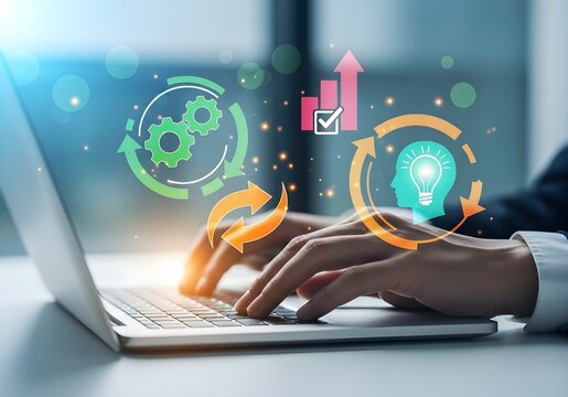 Business person typing on laptop with digital automation and innovation icons