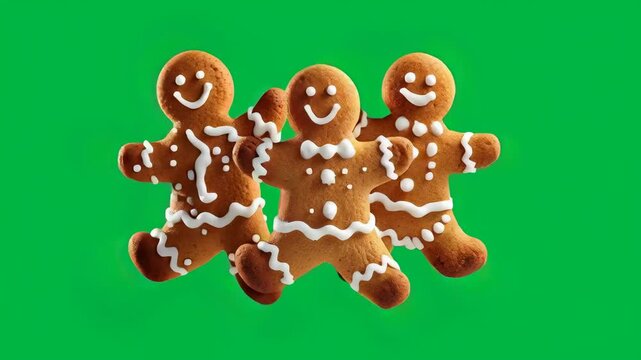 3D Dancing Smiling Gingerbread Cookies Trio Animation on Green Screen Background