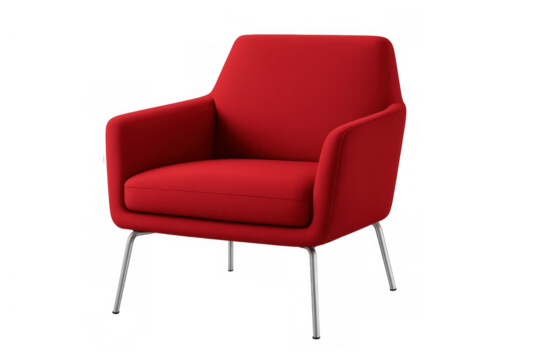 Red modern armchair, a comfortable and stylish furniture piece with fabric upholstery and metal legs, isolated with a transparent background