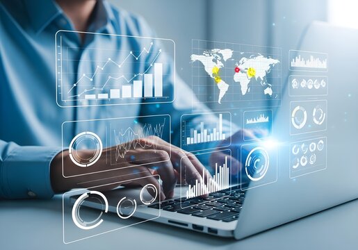 Business analytics and data visualization on laptop screen