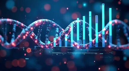 Digital DNA Analysis and Biotech Growth Chart. Illuminated double helix structure with futuristic bar graph showing scientific data and advancements - Powered by Adobe