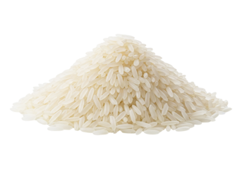 A pristine pile of long-grain white rice, a staple food, displayed in isolation against a clean white background, highlighting its texture and purity