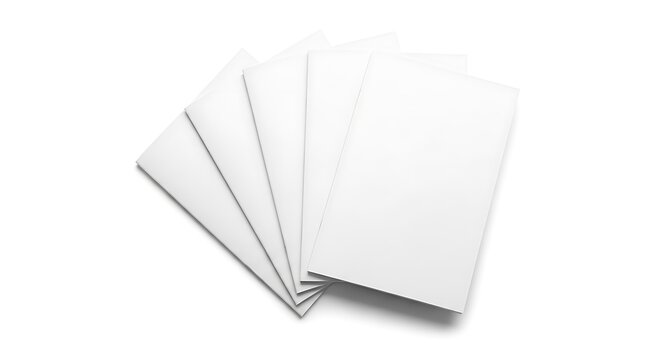 Blank white brochures or booklets fanned out on a white background, ready for custom design and branding, isolated on white background