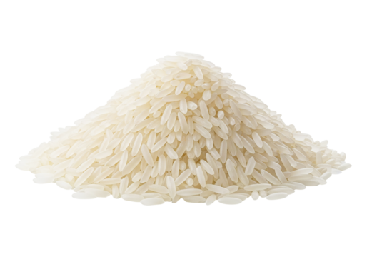 A pristine pile of long-grain white rice, a staple food, displayed in isolation against a clean white background, highlighting its texture and purity