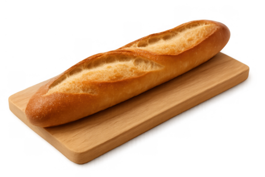Baguette bread loaf resting on chopping board, fresh baked french food, transparent background - Powered by Adobe