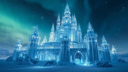 Majestic ice castle glowing under a beautiful aurora borealis in a frozen winter landscape - Powered by Adobe