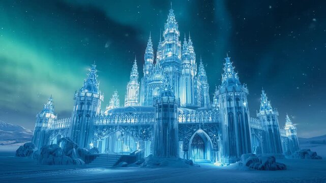 Majestic ice castle glowing under a beautiful aurora borealis in a frozen winter landscape
