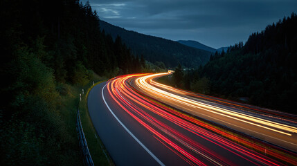 A winding road at night with car light trails creates a sense of movement