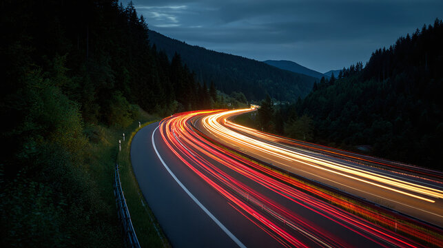 A winding road at night with car light trails creates a sense of movement