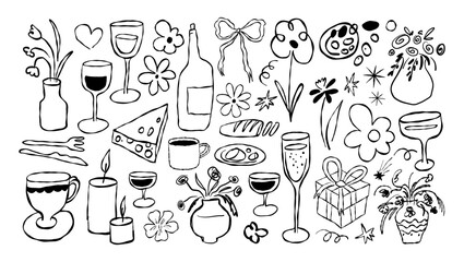 Vector hand drawn quirky doodle illustration, wine party, menu bar cover, party invitation banner