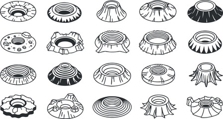 Outline vector icon set featuring various industrial components and mechanical parts for design and engineering projects