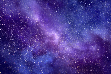 Purple cosmic dust with vivid blue and violet hues scattered with bright stars creates mesmerizing view of galaxy filled with sparkling celestial light and deep space mystery