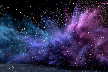 Vivid purple and blue cosmic dust explosion with scattered particles creating dynamic and colorful abstract background full of energy and motion