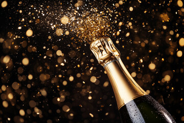 Champagne bottle popping with glitter explosion on black background