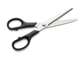 A pair of open black-handled scissors with shiny metal blades on a pure white background, perfect for crafting, sewing, and office use