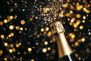 Champagne bottle popping with golden bokeh background