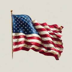 American flag waving on pole with stars and stripes, symbolizing patriotism and national pride in red, white, and blue colors on neutral background