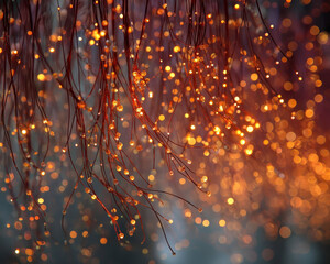 Warm glowing fairy lights create abstract background with soft bokeh effect, featuring delicate hanging strands and cozy, magical atmosphere in orange and gold tones