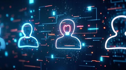 Glowing user profile icons connecting in a digital network highlighting one unique individual. Concept of data social networking and identity selection - Powered by Adobe