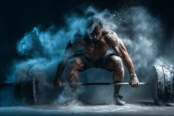 Muscular man lifting heavy barbell with chalk powder exploding around him in dramatic dark gym setting, showcasing strength and intense workout energy