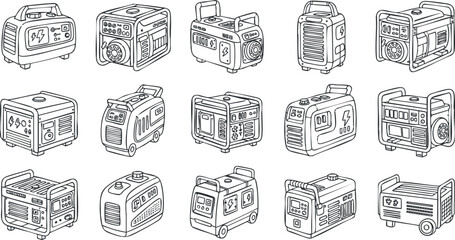 Collection of outline vector illustrations depicting various types of portable generators, perfect for technology and equipment designs.