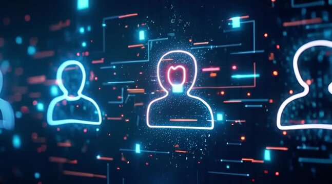 Glowing user profile icons connecting in a digital network highlighting one unique individual. Concept of data social networking and identity selection - Powered by Adobe