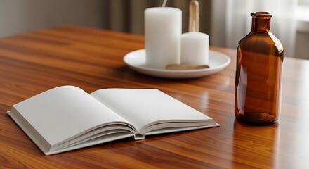 Open blank book on a wooden table with candles and a bottle, perfect for mockups, design, and content creation