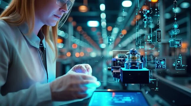 Scientist working with quantum computer or automated machinery featuring futuristic HUD and digital schematics in a modern smart factory or research facility