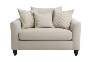 Elegant armchair offering comfort and modern style, featuring decorative pillows with chevron patterns on a transparent background