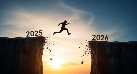 Man jumping over a gap from 2025 to 2026