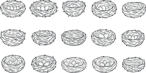 Collection of hand-drawn vector illustrations of bird nests with eggs in various styles, perfect for nature-themed designs and projects