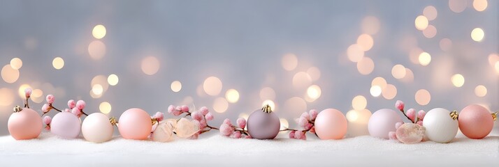 Elegant pastel christmas ornaments with pink berries and soft bokeh lights background