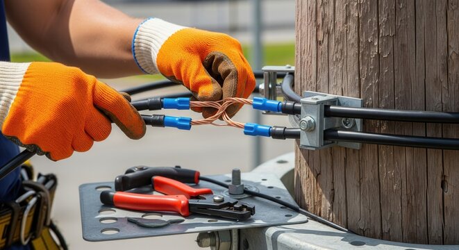 Close-up of an electrician in safety gloves connecting copper power cables on a wooden utility pole. Represents skilled labor, infrastructure repair, and technical expertise.