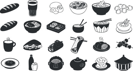Collection of black and white vector icons featuring various food items, beverages, and dishes for restaurant menus and culinary design