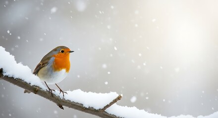 A european robin perched on a snow covered branch during a gentle snowfall