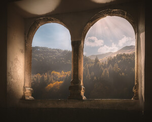 View of San Domenico Lake Landscape Through Stone Arches or Bifora