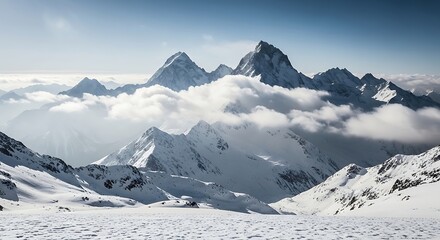 Majestic snow covered mountain peaks emerge from swirling clouds under a bright sky