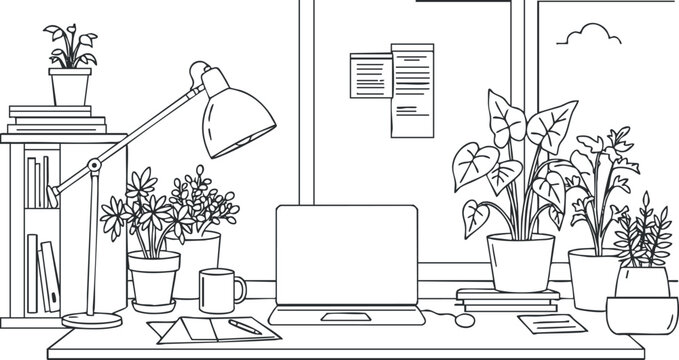 Minimalist line art illustration of a modern home office workspace featuring plants, a desk lamp, and a laptop