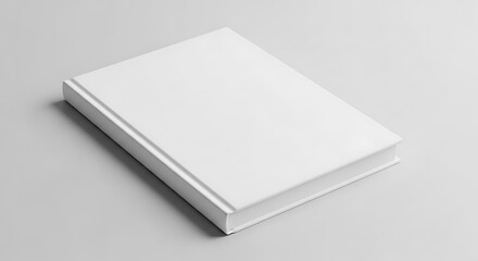 Fototapeta premium Closed blank white book with a pristine cover and spine, resting on a smooth light grey background, ideal for branding mockups