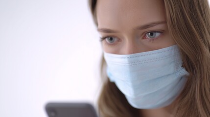 Woman wearing a medical mask, focused on a smartphone screen. Her face is partially covered, eyes clearly visible, hair light-colored.
