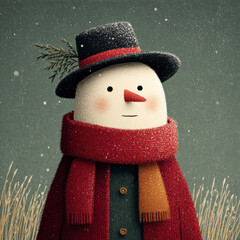 Snowman winter holiday red scarf black hat carrot nose frosty design with snowflakes and dry grass in background creating cozy festive atmosphere