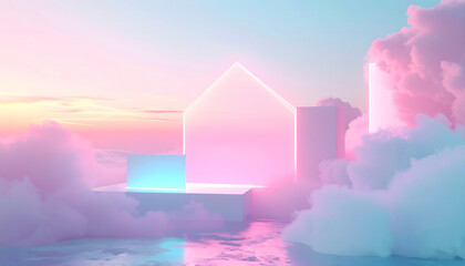 Neon dream house in pastel clouds