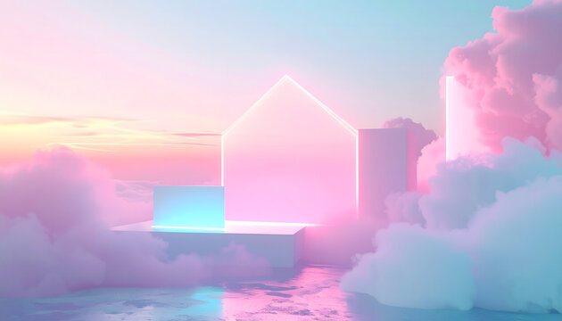 Neon dream house in pastel clouds